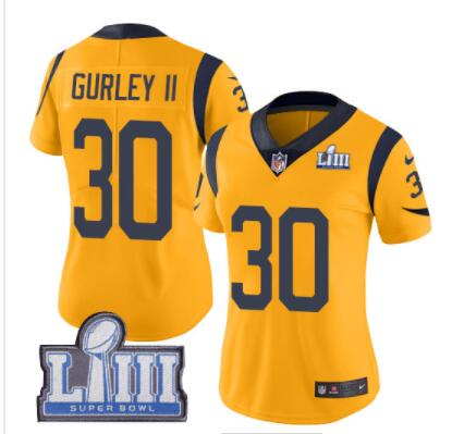 #30 Limited Todd Gurley Gold Nike NFL Women's Jersey Los Angeles Rams Rush Vapor Untouchable Super Bowl LIII Bound