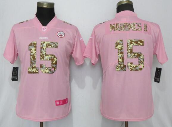 Women New Nike Kansas City Chiefs 15 Mahomes ll PinkCamouflage font love pink 2019 Vapor Untouchable Elite Player