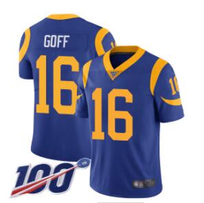 Rams #16 Jared Goff Royal Blue Alternate Men's Stitched Football 100th Season Vapor Limited Jersey