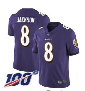 Ravens #8 Lamar Jackson Purple Team Color Men's Stitched Football 100th Season Vapor Limited Jersey