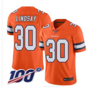 Broncos #30 Phillip Lindsay Orange Men's Stitched Football Limited Rush 100th Season Jersey