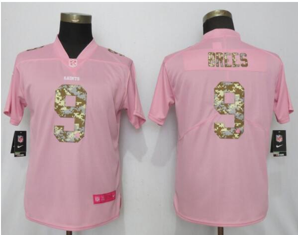 Women New Nike Orleans Saints 9 Brees PinkCamouflage font love pink 2019 Vapor Untouchable Elite Player