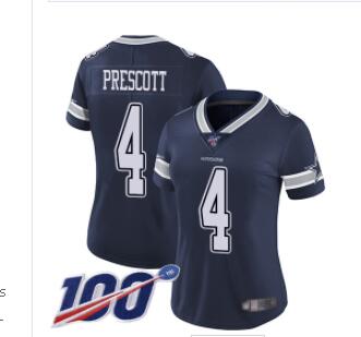 Nike Cowboys #4 Dak Prescott Navy Blue Team Color Women's Stitched NFL 100th Season Vapor Limited Jersey