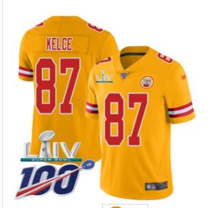 Nike Chiefs #87 Travis Kelce Gold Super Bowl LIV 2020 Men's Stitched NFL Limited Inverted Legend 100th Season Jersey