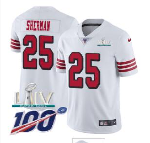 Nike 49ers #25 Richard Sherman White Super Bowl LIV 2020 Rush Men's Stitched NFL Limited 100th Season Jersey