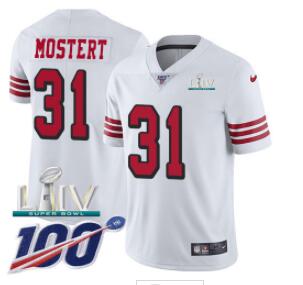 Nike 49ers #31 Raheem Mostert White Super Bowl LIV 2020 Men's Stitched NFL Limited Rush 100th Season Jersey