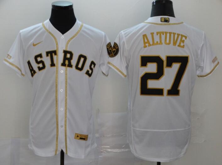 Men's Houston Astros #27 Jose Altuve White With Gold Stitched MLB Flex Base Nike Jersey