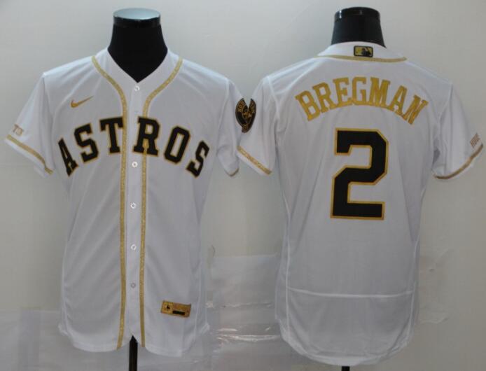 Men's Houston Astros #2 Alex Bregman White With Gold Stitched MLB Flex Base Nike Jersey