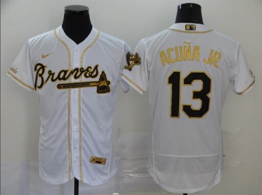 New Men Atlanta Braves #13 Ronald Acuna Jr. With Gold Stitched MLB Flex Base Nike Jersey