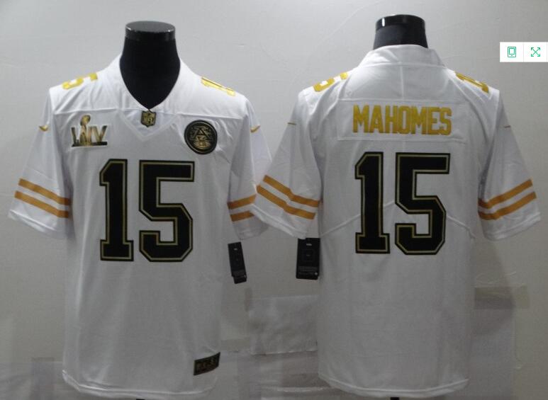 Men's Kansas City Chiefs #15 Patrick Mahomes White Super Bowl LIV Golden Edition Jersey