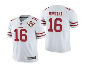 Men's San Francisco 49ers #16 Joe Montana White 75th Anniversary Patch 2021 Vapor Untouchable Stitched Nike Limited Jersey