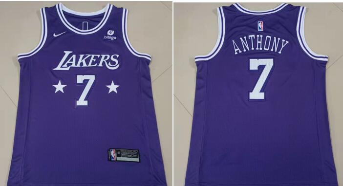 Men's Los Angeles Lakers #7 Carmelo Anthony bibigo 75th Anniversary Purple Stitched Jersey