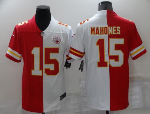 Men's Kansas City Chiefs #15 Patrick Mahomes Red White Split Vapor Limited Stitched Jersey