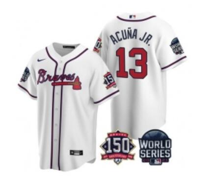 Men Atlanta Braves 13 Ronald Acuna Jr 2021 White World Series With 150th Anniversary Patch Cool Base Stitched Jersey