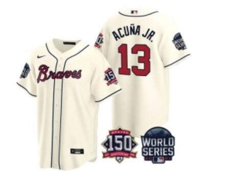 Men Atlanta Braves 13 Ronald Acuna Jr 2021 Cream World Series With 150th Anniversary Patch Cool Base Stitched Jersey