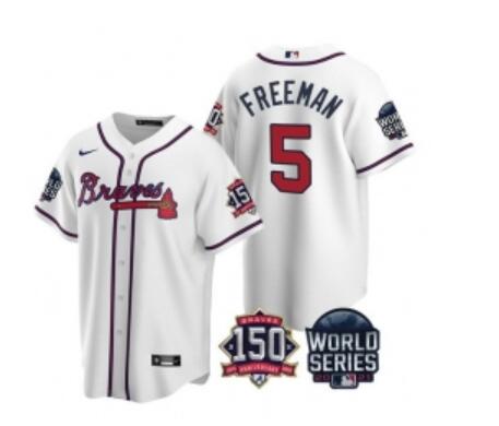 Men Atlanta Braves 5 Freddie Freeman 2021 White World Series With 150th Anniversary Patch Cool Base Stitched Jersey