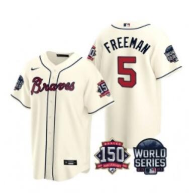 Men Atlanta Braves 5 Freddie Freeman 2021 Cream World Series With 150th Anniversary Patch Cool Base Stitched Jersey