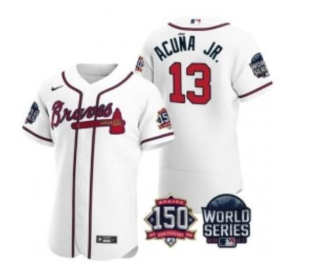 Men Atlanta Braves 13 Ronald Acuna Jr 2021 White World Series With 150th Anniversary Patch Stitched Baseball Jersey