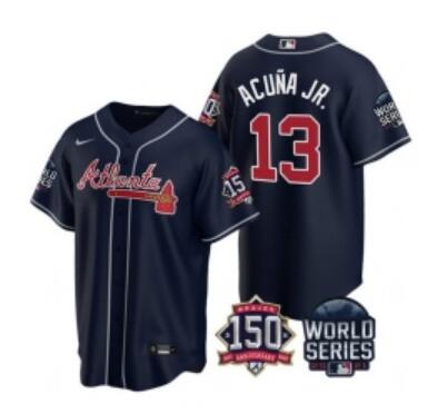 Men Atlanta Braves 13 Ronald Acuna Jr 2021 Navy World Series With 150th Anniversary Patch Cool Base Stitched Jersey