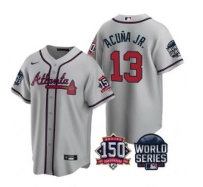 Men Atlanta Braves 13 Ronald Acuna Jr 2021 Gray World Series With 150th Anniversary Patch Cool Base Stitched Jersey