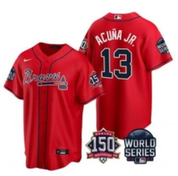 Men Atlanta Braves 13 Ronald Acuna Jr 2021 Red World Series With 150th Anniversary Patch Cool Base Stitched Jersey