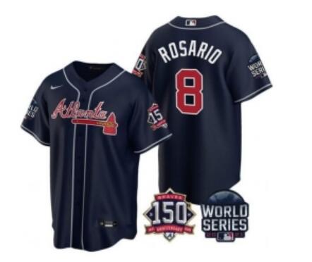 Men Atlanta Braves 8 Eddie Rosario 2021 Navy World Series With 150th Anniversary Patch  Stitched Jersey