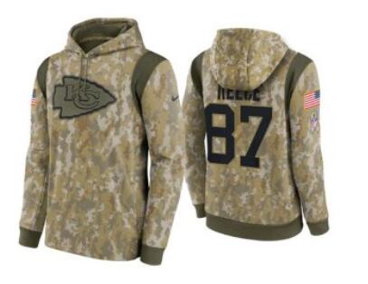 Men's Kansas City Chiefs #87 Travis Kelce Camo 2021 Salute To Service Therma Performance Pullover Hoodie