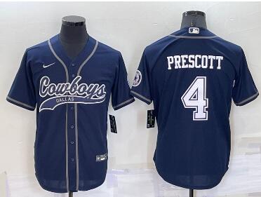 Men's Dallas Cowboys #4 Dak Prescott Navy Blue Stitched Cool Base Nike Baseball Jersey