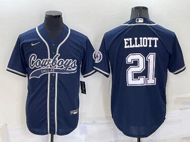 Men's Dallas Cowboys #21 Ezekiel Elliott Navy Blue Stitched Cool Base Nike Baseball Jersey