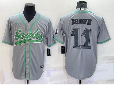 Men's Philadelphia Eagles #11 AJ Brown Grey With Patch Cool Base Stitched Baseball Jersey