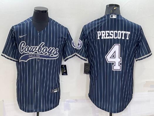 Men's Dallas Cowboys #4 Dak Prescott Navy Blue Pinstripe With Patch Cool Base Stitched Baseball Jersey