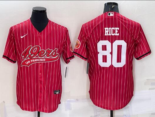 Men's San Francisco 49ers #80 Jerry Rice Red Pinstripe With Patch Cool Base Stitched Baseball Jersey