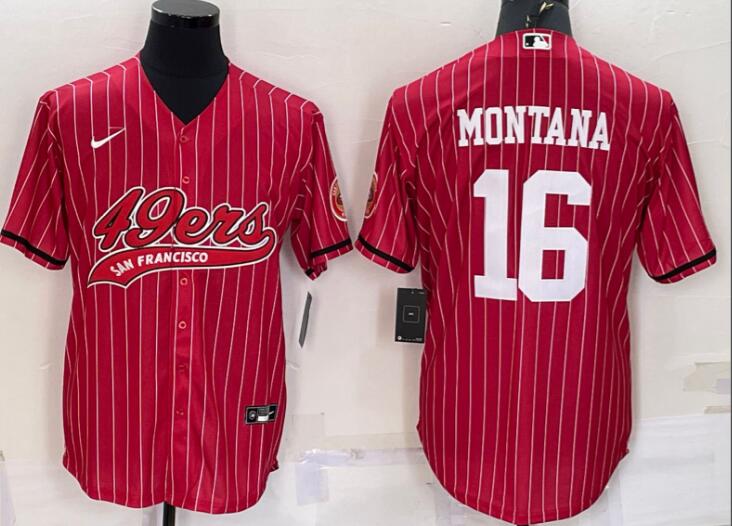 Men's San Francisco 49ers #16 Joe Montana Red Pinstripe With Patch Cool Base Stitched Baseball Jersey