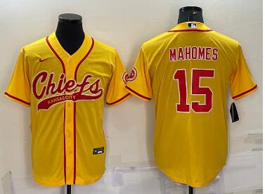 Men's Kansas City Chiefs #15 Patrick Mahomes Gold With Patch Cool Base Stitched Baseball Jersey