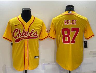 Men's Kansas City Chiefs #87 Travis Kelce Gold With Patch Cool Base Stitched Baseball Jersey