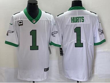 Men's Philadelphia Eagles #1 Jalen Hurts White Kelly Green With C Patch Jersey