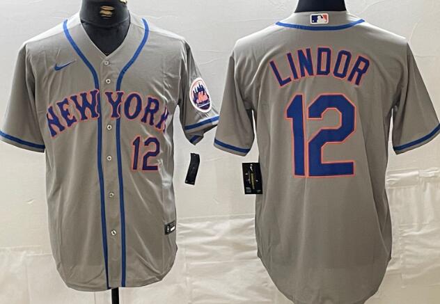 Men's New York Mets #12 Francisco Lindor Number Grey Stitched Cool Base Nike Jersey