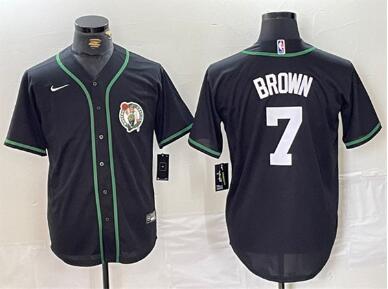 Men's Boston Celtics #7 Jaylen Brown Black With Patch Stitched Baseball Jersey