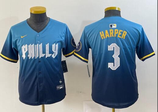 men's Philadelphia Phillies #3 Bryce Harper Blue 2024 City Connect Limited Stitched Jersey