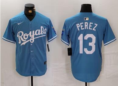 Men's Kansas City Royals #13 Salvador Perez Light Blue Cool Base Stitched Jersey