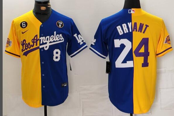 Men's Los Angeles Lakers & Dodgers Front #8 Back #24 Kobe Bryant Gold Blue Split With Patch Stitched Jersey