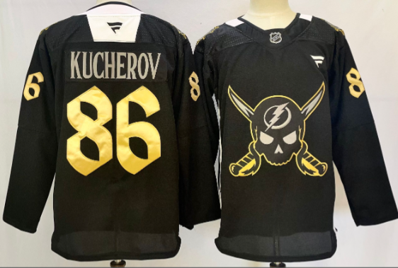 Men's Tampa Bay Lightning #86 Nikita Kucherov Black Pirate Themed Warmup  Stitched Jersey