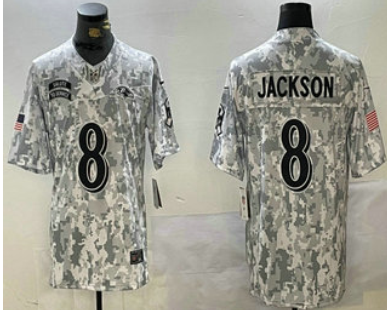 Men's Baltimore Ravens #8 Lamar Jackson Arctic Camo 2024 FUSE Salute to Service Limited Stitched Jersey