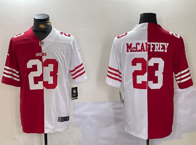 Men's San Francisco 49ers #23 Christian McCaffrey Red White Split Vapor Limited Stitched Jersey