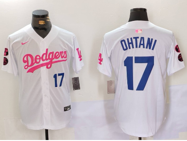 Men's Los Angeles Dodgers #17 Shohei Ohtani White Pink Vin & Kobe Patch Stitched Baseball Jersey1