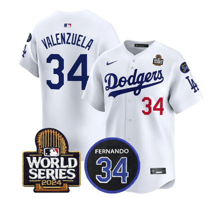 Men's Los Angeles Dodgers #34 Toro Valenzuela White 2024 World Series With Fernando Memorial Patch Limited Stitched Baseball Jersey