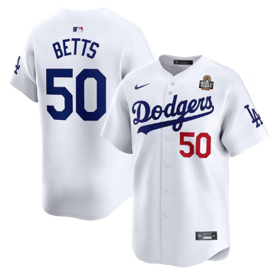 Men's Los Angeles Dodgers #50 Mookie Betts White 2024 World Series Home Limited Cool Base Stitched Baseball Jersey