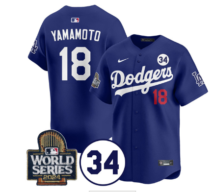 Men's Los Angeles Dodgers #18 Yoshinobu Yamamoto Royal 2024 World Series With No. 34 Patch Cool Base Stitched Baseball Jersey