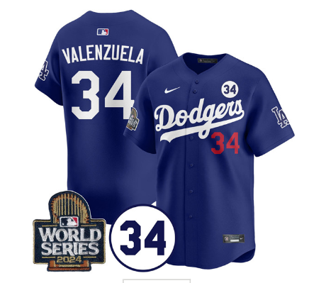 Men's Los Angeles Dodgers #34 Toro Valenzuela Royal 2024 World Series With No. 34 Patch Cool Base Stitched Baseball Jersey