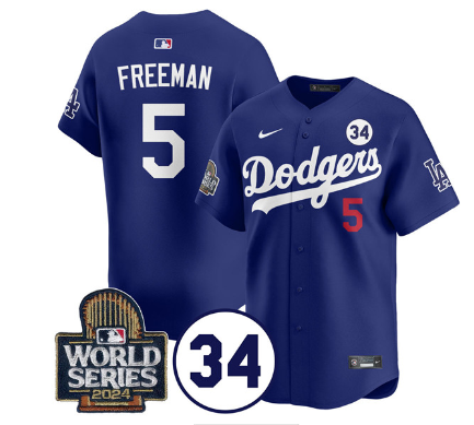 Men's Los Angeles Dodgers #5 Freddie Freeman Royal 2024 World Series With No. 34 Patch Cool Base Stitched Baseball Jersey